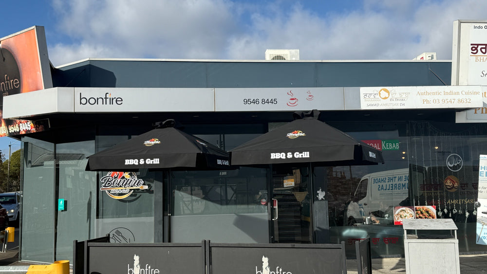 Bonfire BBQ & Grill branded umbrellas